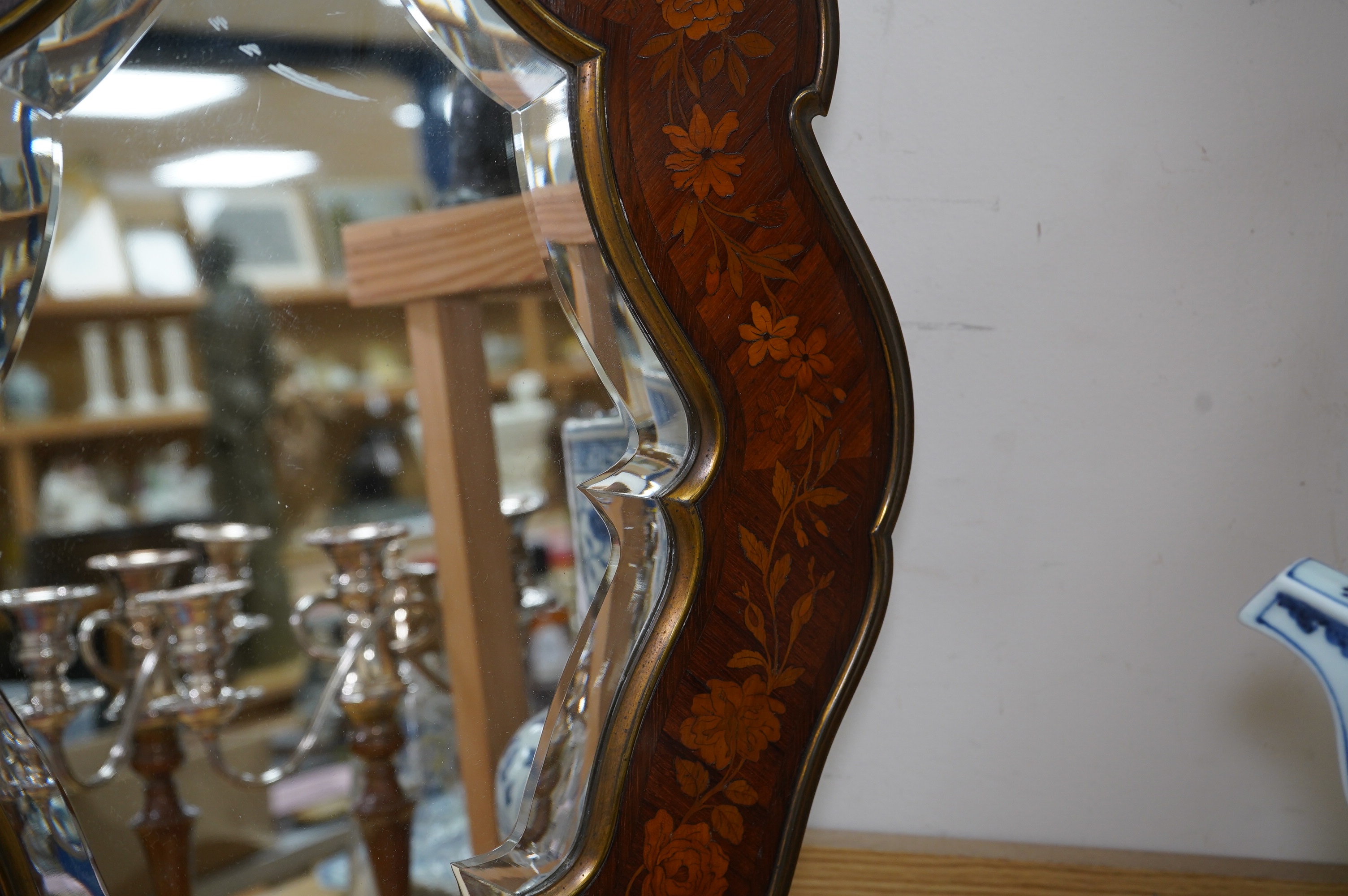 A Louis XV style kingwood and floral marquetry easel mirror, c.1900, 63cm. Condition - good
